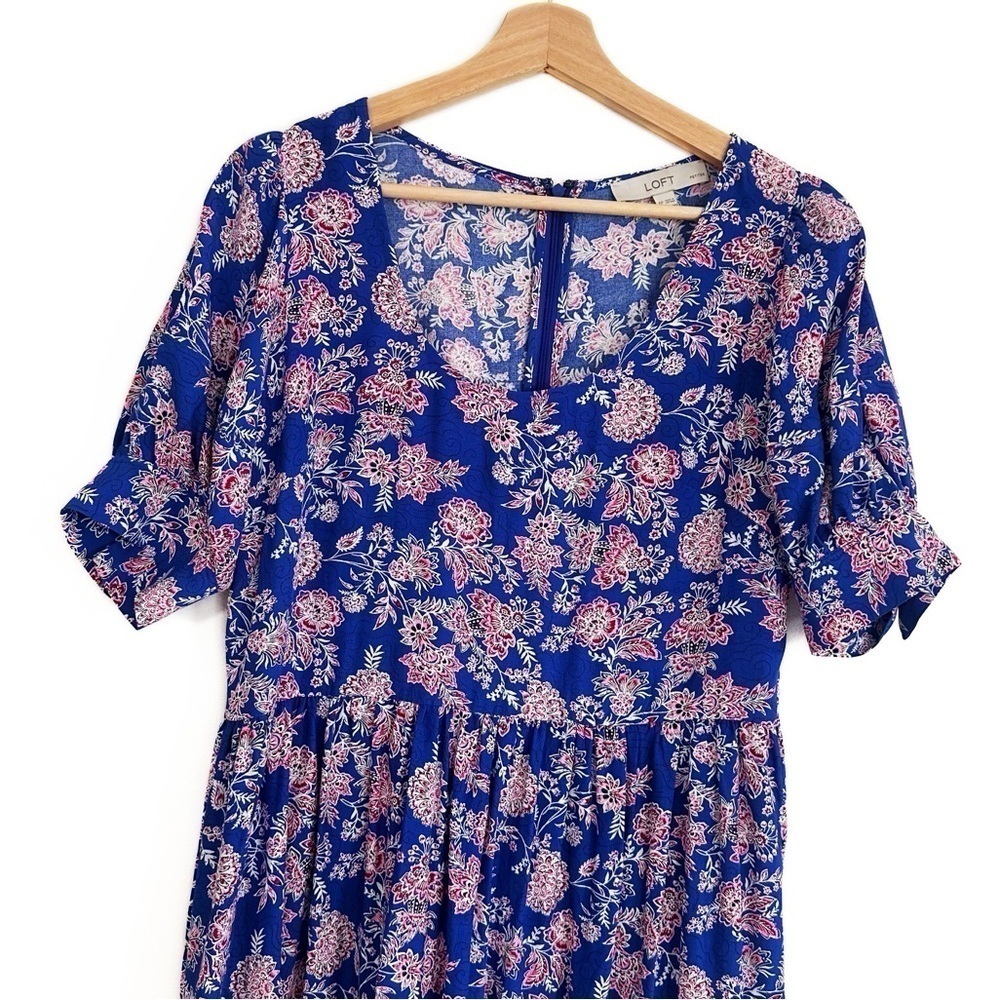 Loft Womens 6 Petite Blue Floral Puff Sleeve Swing Dress - Picture 3 of 9